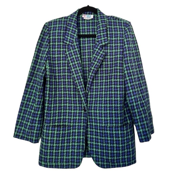 College Town Vintage Plaid Houndstooth Wool Blend Blazer Academia - Picture 1 of 5